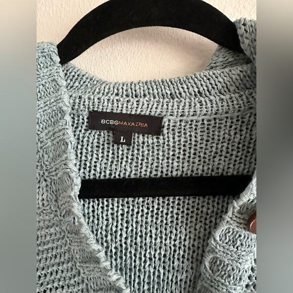 Y2K BCBGMaxazaria Knit Cardigan Hooded Blue Sweater Wood Buttons Size Large - Picture 3 of 8